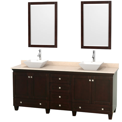 Wyndham Acclaim 80 Inch Double Bathroom Vanity in Espresso, Ivory Marble Countertop, Pyra White Porcelain Sinks, and 24 Inch Mirrors- Wyndham