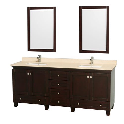 Wyndham Acclaim 80 Inch Double Bathroom Vanity in Espresso, Ivory Marble Countertop, Undermount Square Sinks, and 24 Inch Mirrors- Wyndham