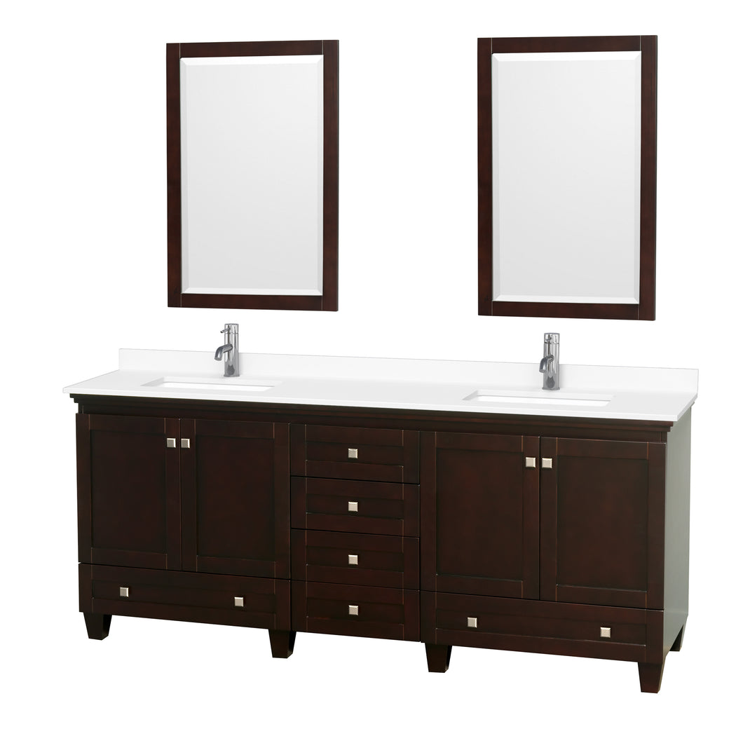 Wyndham Acclaim 80 Inch Double Bathroom Vanity in Espresso, White Cultured Marble Countertop, Undermount Square Sinks, 24 Inch Mirrors- Wyndham