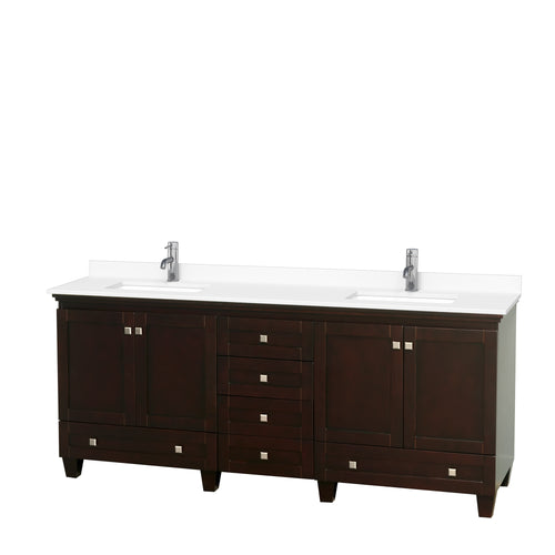 Wyndham Acclaim 80 Inch Double Bathroom Vanity in Espresso, White Cultured Marble Countertop, Undermount Square Sinks, No Mirrors- Wyndham