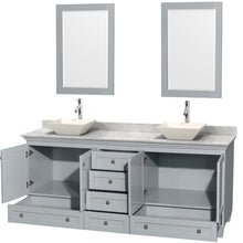 Load image into Gallery viewer, Wyndham Acclaim 80 Inch Double Bathroom Vanity in Oyster Gray, White Carrara Marble Countertop, Pyra Bone Porcelain Sinks, and 24 Inch Mirrors- Wyndham