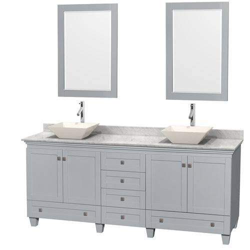 Wyndham Acclaim 80 Inch Double Bathroom Vanity in Oyster Gray, White Carrara Marble Countertop, Pyra Bone Porcelain Sinks, and 24 Inch Mirrors- Wyndham