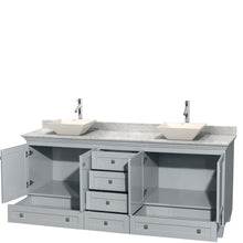 Load image into Gallery viewer, Wyndham Acclaim 80 Inch Double Bathroom Vanity in Oyster Gray, White Carrara Marble Countertop, Pyra Bone Porcelain Sinks, and No Mirrors- Wyndham
