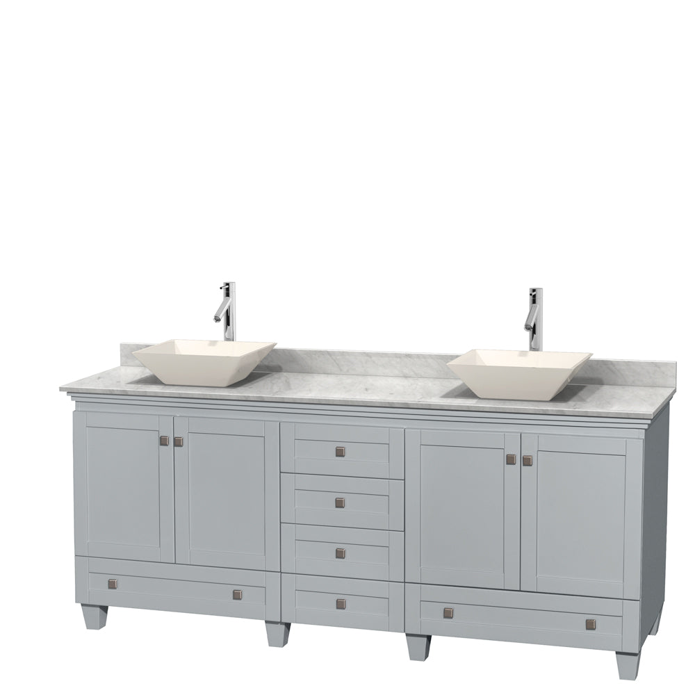 Wyndham Acclaim 80 Inch Double Bathroom Vanity in Oyster Gray, White Carrara Marble Countertop, Pyra Bone Porcelain Sinks, and No Mirrors- Wyndham