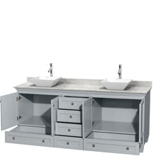 Load image into Gallery viewer, Wyndham Acclaim 80 Inch Double Bathroom Vanity in Oyster Gray, White Carrara Marble Countertop, Pyra White Porcelain Sinks, and No Mirrors- Wyndham