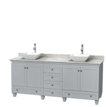 Load image into Gallery viewer, Wyndham Acclaim 80 Inch Double Bathroom Vanity in Oyster Gray, White Carrara Marble Countertop, Pyra White Porcelain Sinks, and No Mirrors- Wyndham
