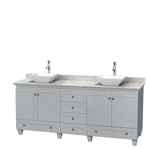 Wyndham Acclaim 80 Inch Double Bathroom Vanity in Oyster Gray, White Carrara Marble Countertop, Pyra White Porcelain Sinks, and No Mirrors- Wyndham