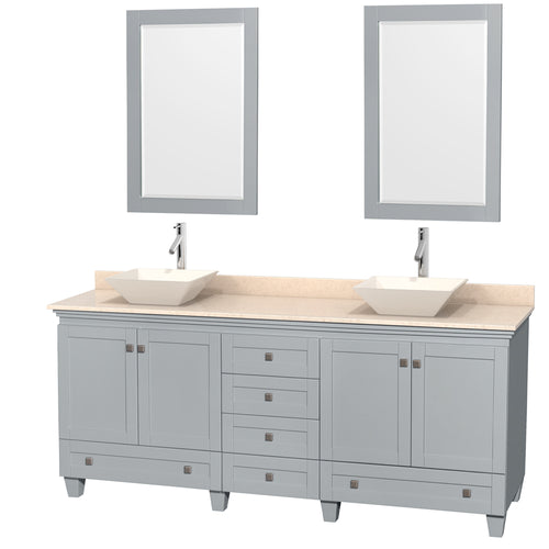 Wyndham Acclaim 80 Inch Double Bathroom Vanity in Oyster Gray, Ivory Marble Countertop, Pyra Bone Porcelain Sinks, and 24 Inch Mirrors- Wyndham