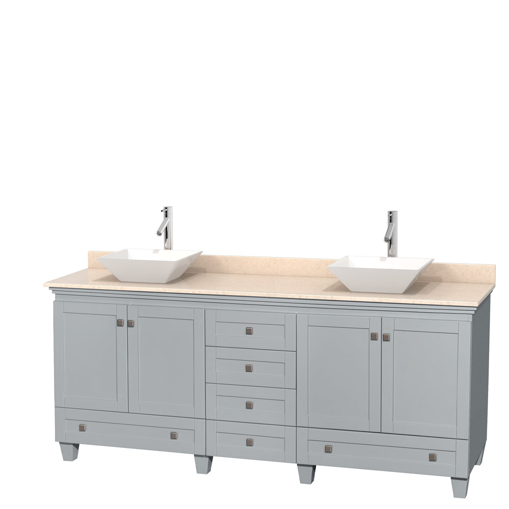 Wyndham Acclaim 80 Inch Double Bathroom Vanity in Oyster Gray, Ivory Marble Countertop, Pyra White Porcelain Sinks, and No Mirrors- Wyndham