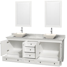Load image into Gallery viewer, Wyndham Acclaim 80 Inch Double Bathroom Vanity in White, White Carrara Marble Countertop, Pyra Bone Porcelain Sinks, and 24 Inch Mirrors- Wyndham