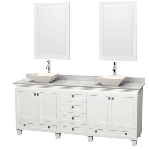 Wyndham Acclaim 80 Inch Double Bathroom Vanity in White, White Carrara Marble Countertop, Pyra Bone Porcelain Sinks, and 24 Inch Mirrors- Wyndham