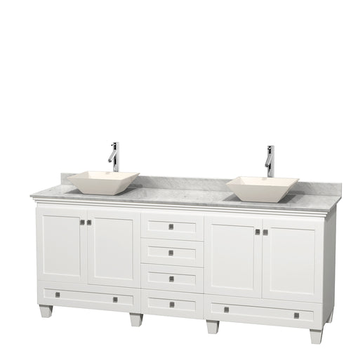 Wyndham Acclaim 80 Inch Double Bathroom Vanity in White, White Carrara Marble Countertop, Pyra Bone Porcelain Sinks, and No Mirrors- Wyndham