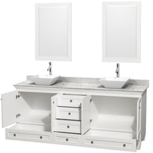 Load image into Gallery viewer, Wyndham Acclaim 80 Inch Double Bathroom Vanity in White, White Carrara Marble Countertop, Pyra White Porcelain Sinks, and 24 Inch Mirrors- Wyndham