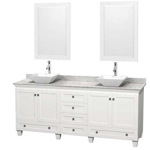 Wyndham Acclaim 80 Inch Double Bathroom Vanity in White, White Carrara Marble Countertop, Pyra White Porcelain Sinks, and 24 Inch Mirrors- Wyndham