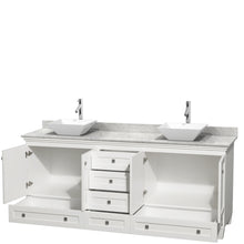 Load image into Gallery viewer, Wyndham Acclaim 80 Inch Double Bathroom Vanity in White, White Carrara Marble Countertop, Pyra White Porcelain Sinks, and No Mirrors- Wyndham