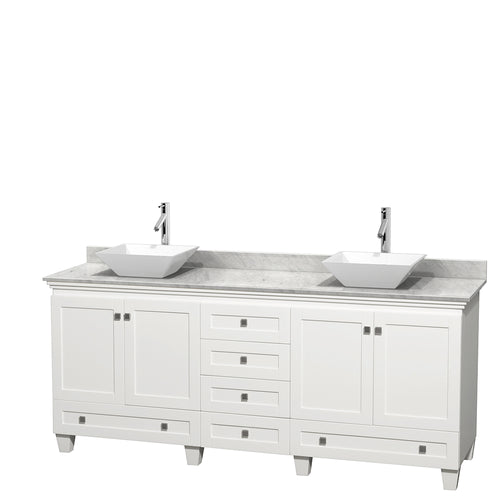 Wyndham Acclaim 80 Inch Double Bathroom Vanity in White, White Carrara Marble Countertop, Pyra White Porcelain Sinks, and No Mirrors- Wyndham