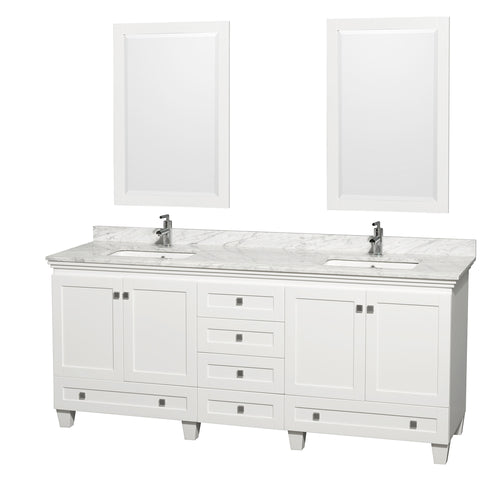 Wyndham Acclaim 80 Inch Double Bathroom Vanity in White, White Carrara Marble Countertop, Undermount Square Sinks, and 24 Inch Mirrors- Wyndham