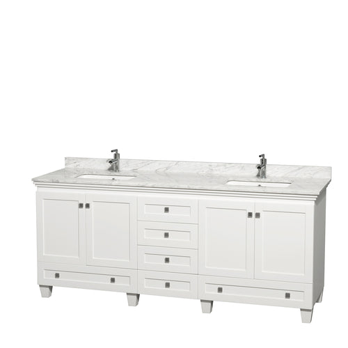 Wyndham Acclaim 80 Inch Double Bathroom Vanity in White, White Carrara Marble Countertop, Undermount Square Sinks, and No Mirrors- Wyndham