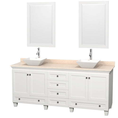 Wyndham Acclaim 80 Inch Double Bathroom Vanity in White, Ivory Marble Countertop, Pyra White Porcelain Sinks, and 24 Inch Mirrors- Wyndham