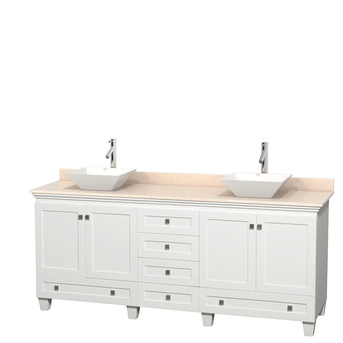 Wyndham Acclaim 80 Inch Double Bathroom Vanity in White, Ivory Marble Countertop, Pyra White Porcelain Sinks, and No Mirrors- Wyndham
