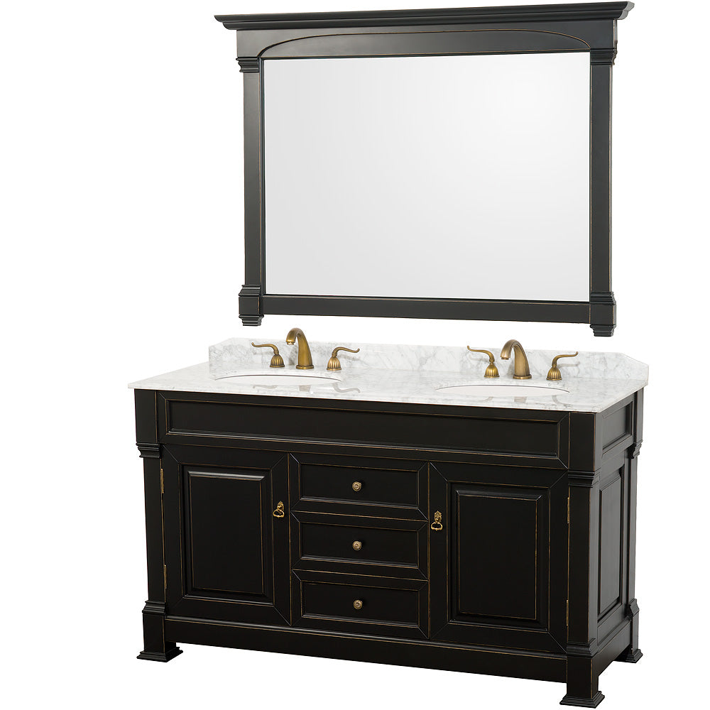 Wyndham Andover 60 Inch Double Bathroom Vanity in Black, White Carrara Marble Countertop, Undermount Oval Sinks, and 56 Inch Mirror- Wyndham