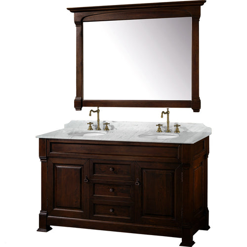 Wyndham Andover 60 Inch Double Bathroom Vanity in Dark Cherry, White Carrara Marble Countertop, Undermount Oval Sinks, and 56 Inch Mirror- Wyndham