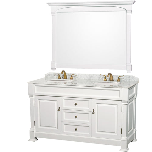 Wyndham Andover 60 Inch Double Bathroom Vanity in White, White Carrara Marble Countertop, Undermount Oval Sinks, and 56 Inch Mirror- Wyndham