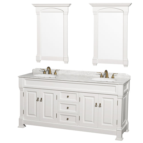 Wyndham Andover 72 Inch Double Bathroom Vanity in White, White Carrara Marble Countertop, Undermount Oval Sinks, and 28 Inch Mirrors- Wyndham