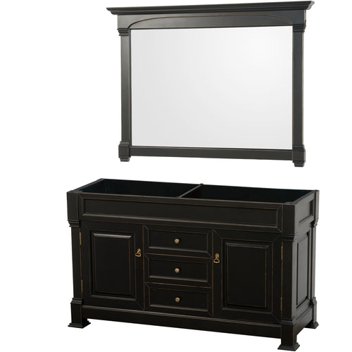 Wyndham Andover 60 Inch Double Bathroom Vanity in Black, No Countertop, No Sink, and 56 Inch Mirror- Wyndham