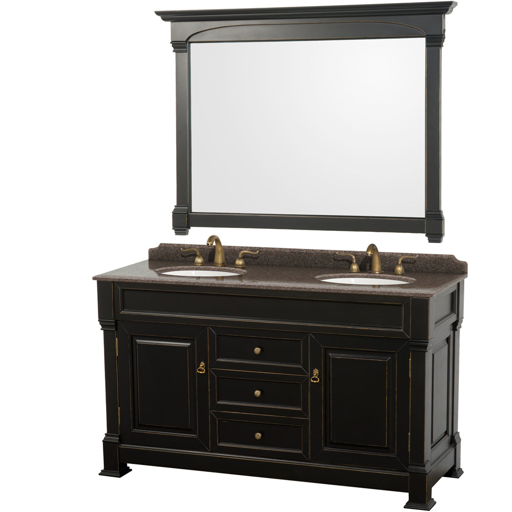 Wyndham Andover 60 Inch Double Bathroom Vanity in Black, Imperial Brown Granite Countertop, Undermount Oval Sinks, and 56 Inch Mirror- Wyndham