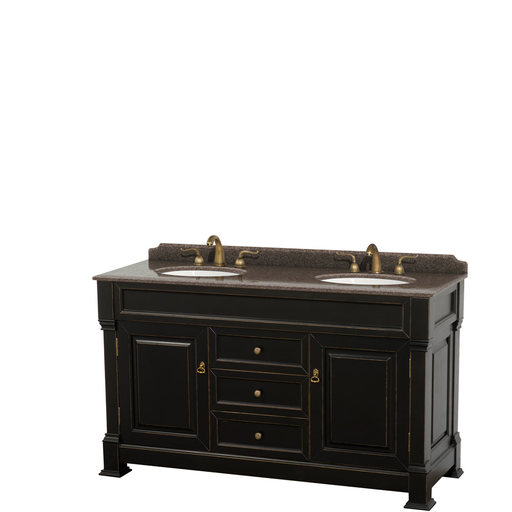 Wyndham Andover 60 Inch Double Bathroom Vanity in Black, Imperial Brown Granite Countertop, Undermount Oval Sinks, and No Mirror- Wyndham