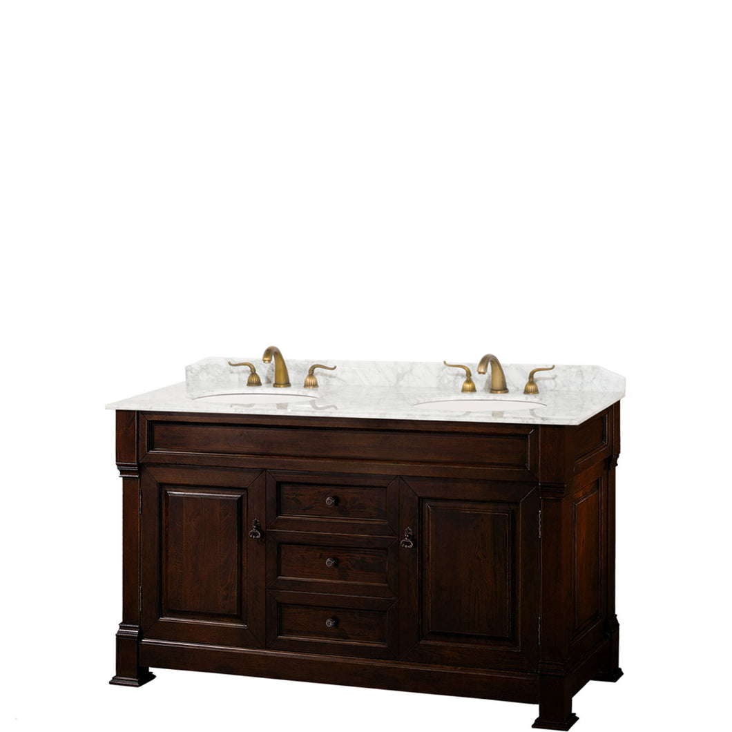 Wyndham Andover 60 Inch Double Bathroom Vanity in Dark Cherry, White Carrara Marble Countertop, Undermount Oval Sinks, and No Mirror- Wyndham