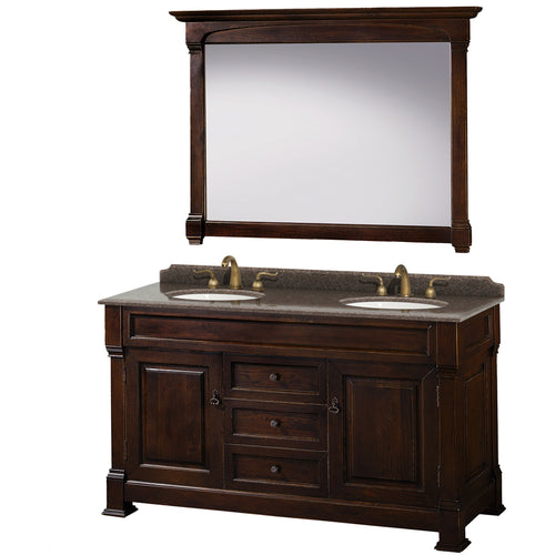 Wyndham Andover 60 Inch Double Bathroom Vanity in Dark Cherry, Imperial Brown Granite Countertop, Undermount Oval Sinks, and 56 Inch Mirror- Wyndham