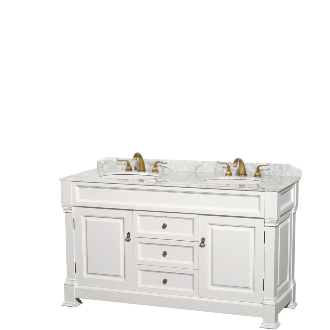 Wyndham Andover 60 Inch Double Bathroom Vanity in White, White Carrara Marble Countertop, Undermount Oval Sinks, and No Mirror- Wyndham