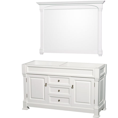 Wyndham Andover 60 Inch Double Bathroom Vanity in White, No Countertop, No Sink, and 56 Inch Mirror- Wyndham