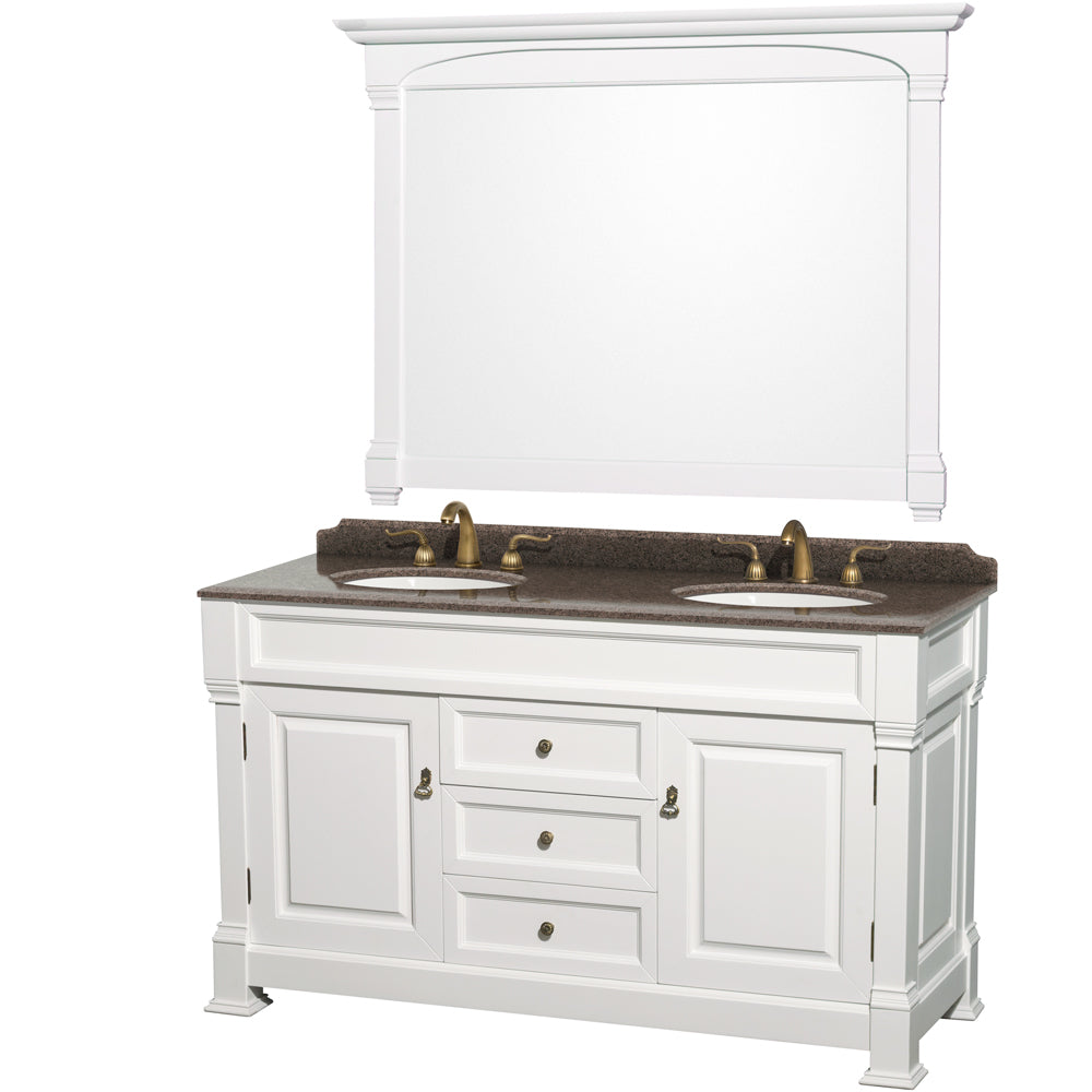 Wyndham Andover 60 Inch Double Bathroom Vanity in White, Imperial Brown Granite Countertop, Undermount Oval Sinks, and 56 Inch Mirror- Wyndham