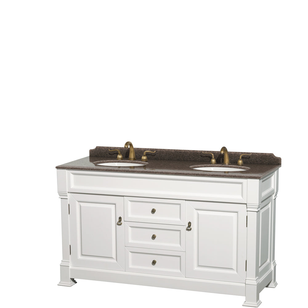 Wyndham Andover 60 Inch Double Bathroom Vanity in White, Imperial Brown Granite Countertop, Undermount Oval Sinks, and No Mirror- Wyndham