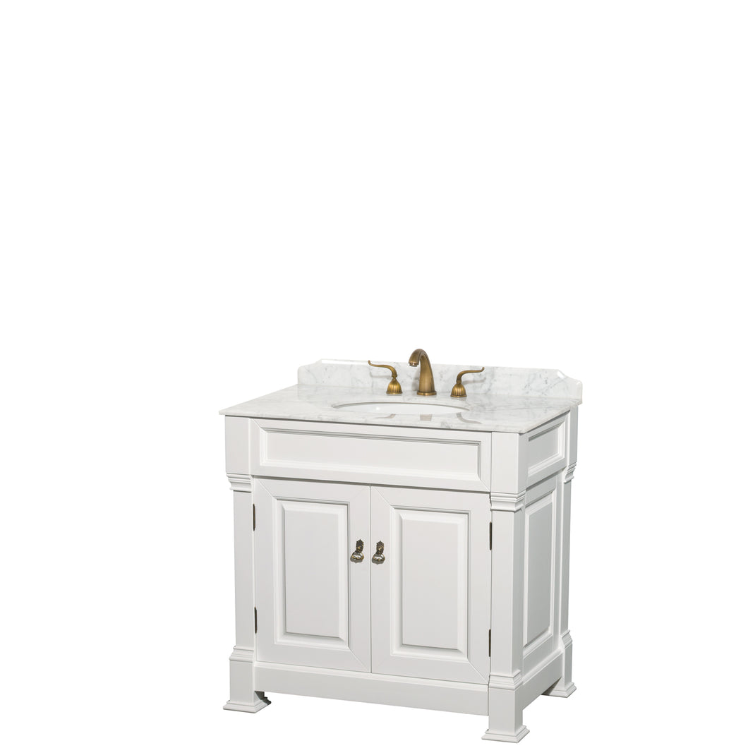 Wyndham Andover 36 Inch Single Bathroom Vanity in White, White Carrara Marble Countertop, Undermount Oval Sink, and No Mirror- Wyndham