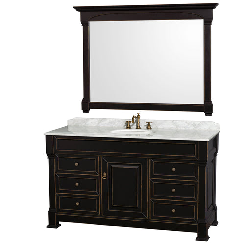 Wyndham Andover 60 Inch Single Bathroom Vanity in Black with White Carrara Marble Countertop, Undermount Oval Sink, and 56 Inch Mirror- Wyndham