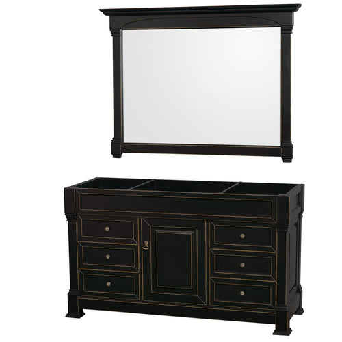Wyndham Andover 60 Inch Single Bathroom Vanity in Black, No Countertop, No Sink, and 56 Inch Mirror- Wyndham