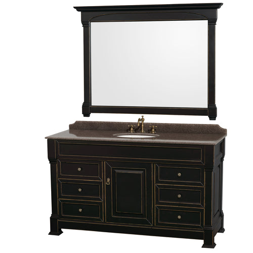 Wyndham Andover 60 Inch Single Bathroom Vanity in Black, Imperial Brown Granite Countertop, Undermount Oval Sink, and 56 Inch Mirror- Wyndham