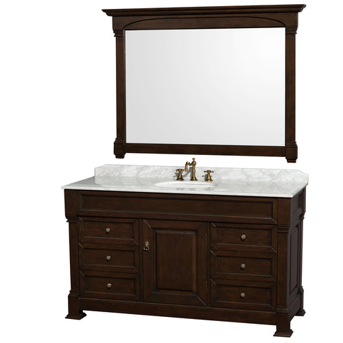 Wyndham Andover 60 Inch Single Bathroom Vanity in Dark Cherry with White Carrara Marble Countertop, Undermount Oval Sink, and 56 Inch Mirror- Wyndham