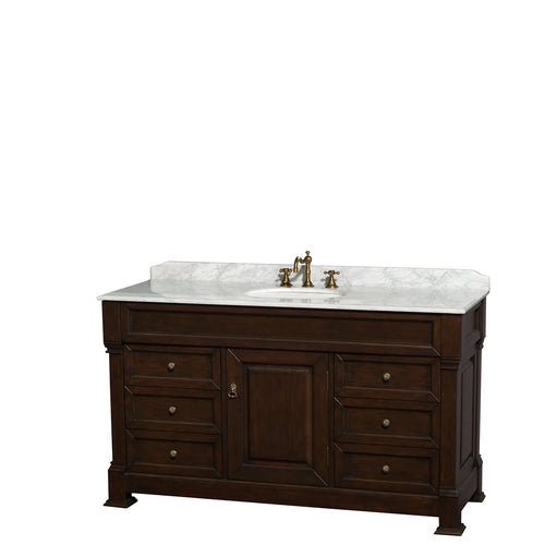 Wyndham Andover 60 Inch Single Bathroom Vanity in Dark Cherry, White Carrara Marble Countertop, Undermount Oval Sink, and No Mirror- Wyndham