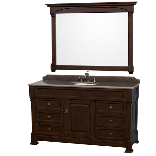 Wyndham Andover 60 Inch Single Bathroom Vanity in Dark Cherry, Imperial Brown Granite Countertop, Undermount Oval Sink, and 56 Inch Mirror- Wyndham