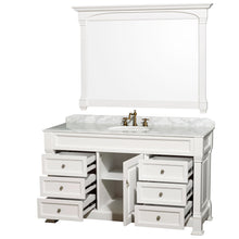 Load image into Gallery viewer, Wyndham Andover 60 Inch Single Bathroom Vanity in White with White Carrara Marble Countertop, Undermount Oval Sink, and 56 Inch Mirror- Wyndham