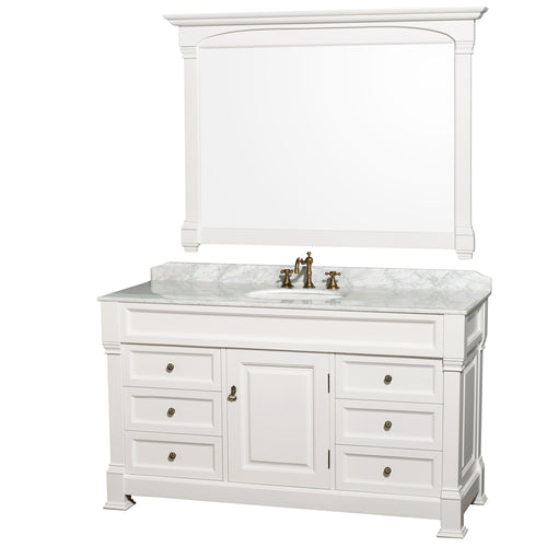 Wyndham Andover 60 Inch Single Bathroom Vanity in White with White Carrara Marble Countertop, Undermount Oval Sink, and 56 Inch Mirror- Wyndham