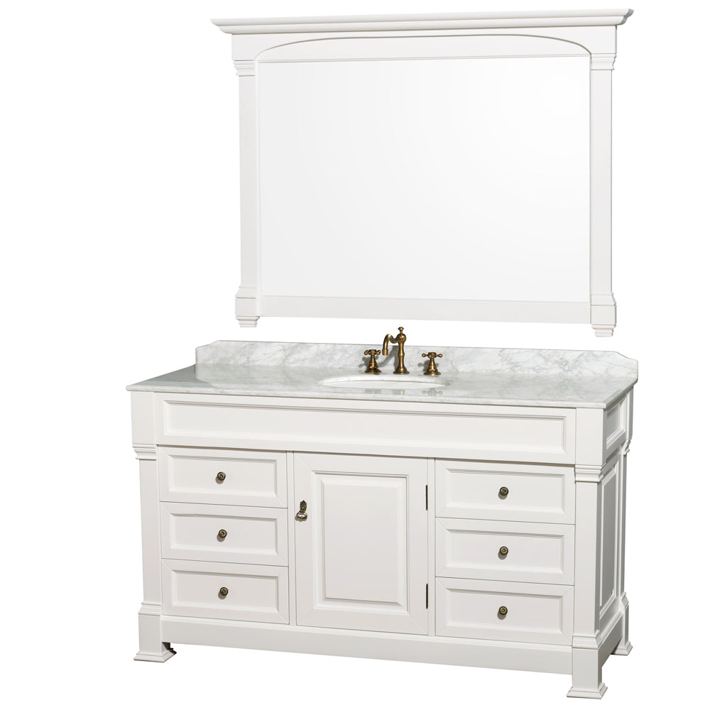 Wyndham Andover 60 Inch Single Bathroom Vanity in White with White Carrara Marble Countertop, Undermount Oval Sink, and 56 Inch Mirror- Wyndham