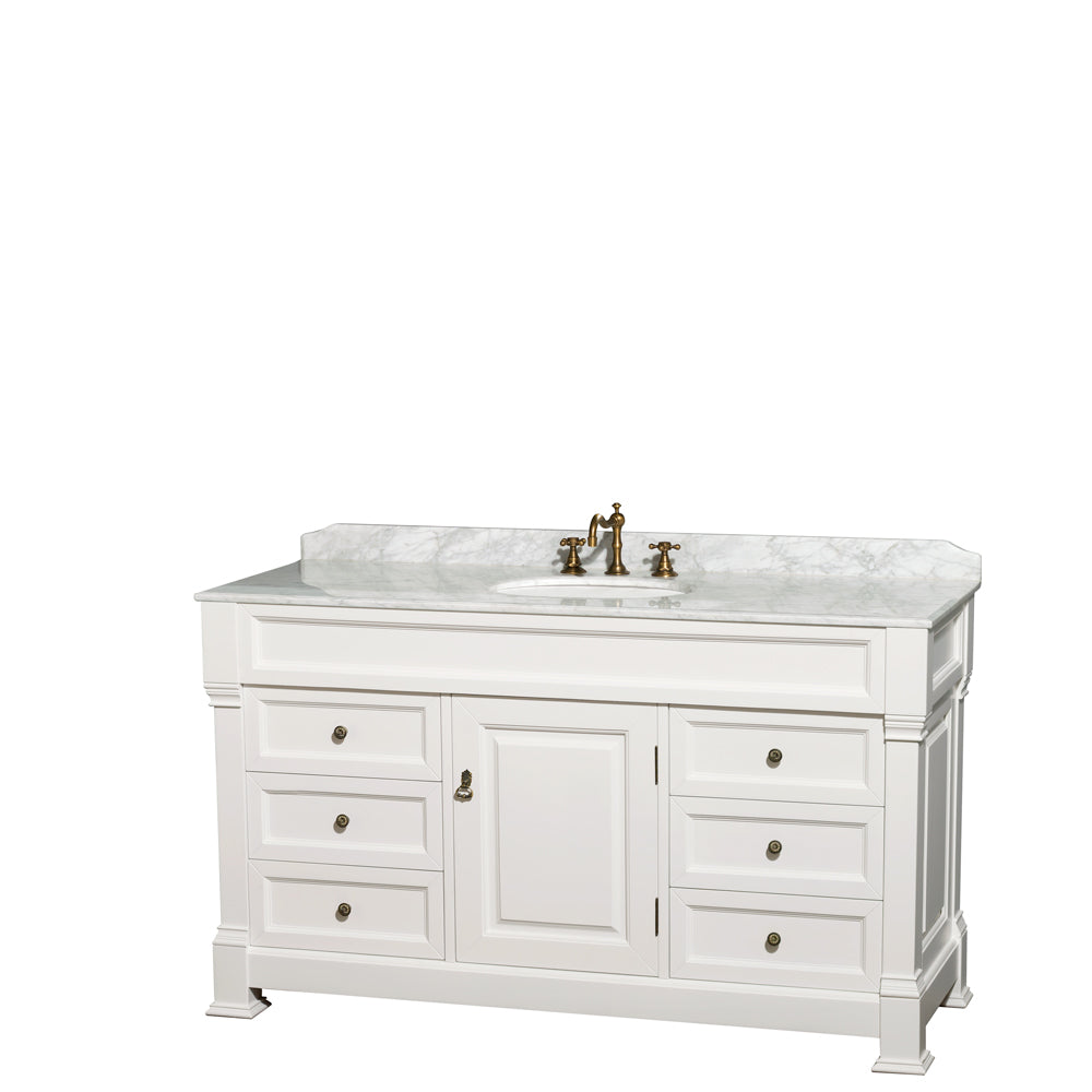 Wyndham Andover 60 Inch Single Bathroom Vanity in White, White Carrara Marble Countertop, Undermount Oval Sink, and No Mirror- Wyndham