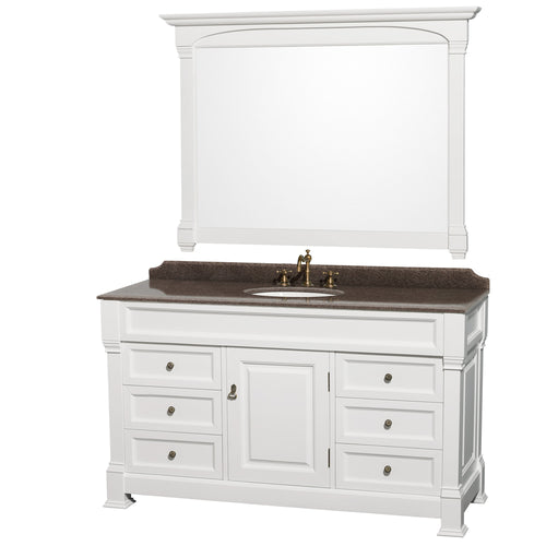 Wyndham Andover 60 Inch Single Bathroom Vanity in White, Imperial Brown Granite Countertop, Undermount Oval Sink, and 56 Inch Mirror- Wyndham