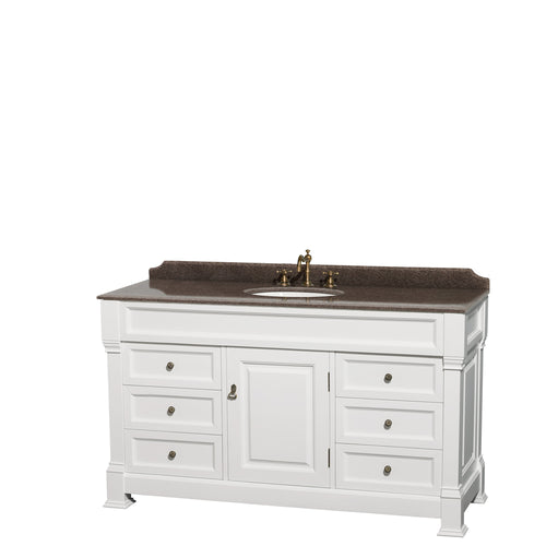 Wyndham Andover 60 Inch Single Bathroom Vanity in White, Imperial Brown Granite Countertop, Undermount Oval Sink, and No Mirror- Wyndham